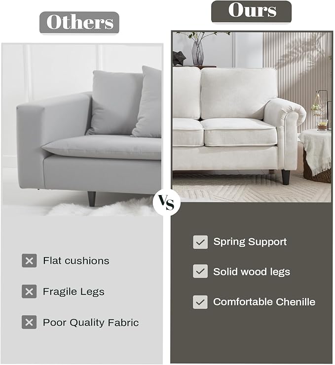 Kingfun 3 Seater Couch with Chair, Mid Century Modern Sofa Set with Rolled Arms and Deep Seats, Fluffy Comfort for Living Room, Apartment, Easy Assembly, Beige
