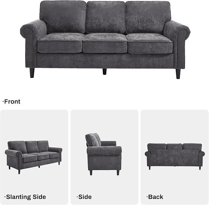 Kingfun 3 Seater Couch, Mid Century Modern Sofa Set with Rolled Arms and Deep Seats, Fluffy Comfort for Living Room, Apartment, Easy Assembly, Gray
