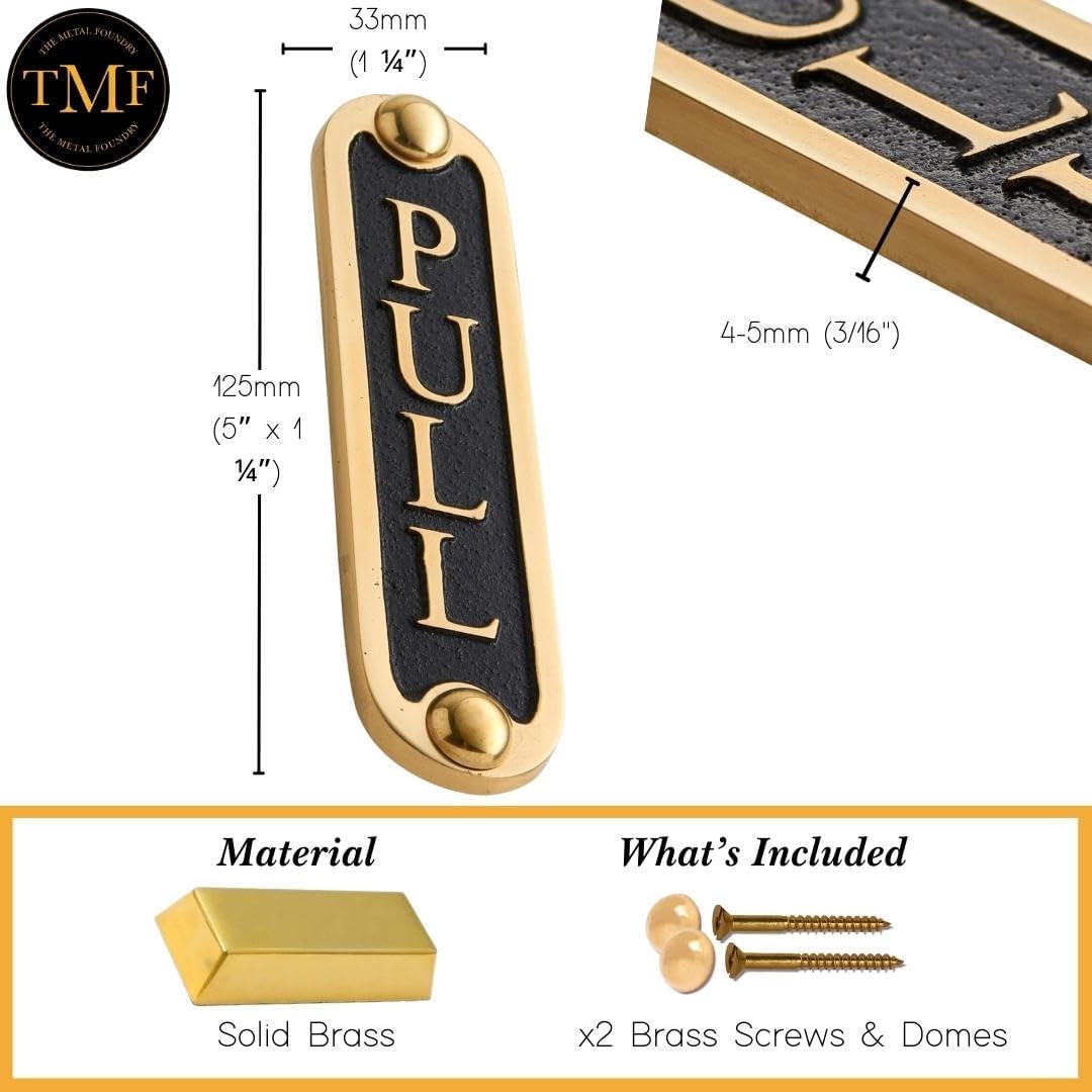 PULL Brass Door Sign. Traditional Style Home Décor Wall Plaque Handmade By The Metal Foundry UK.