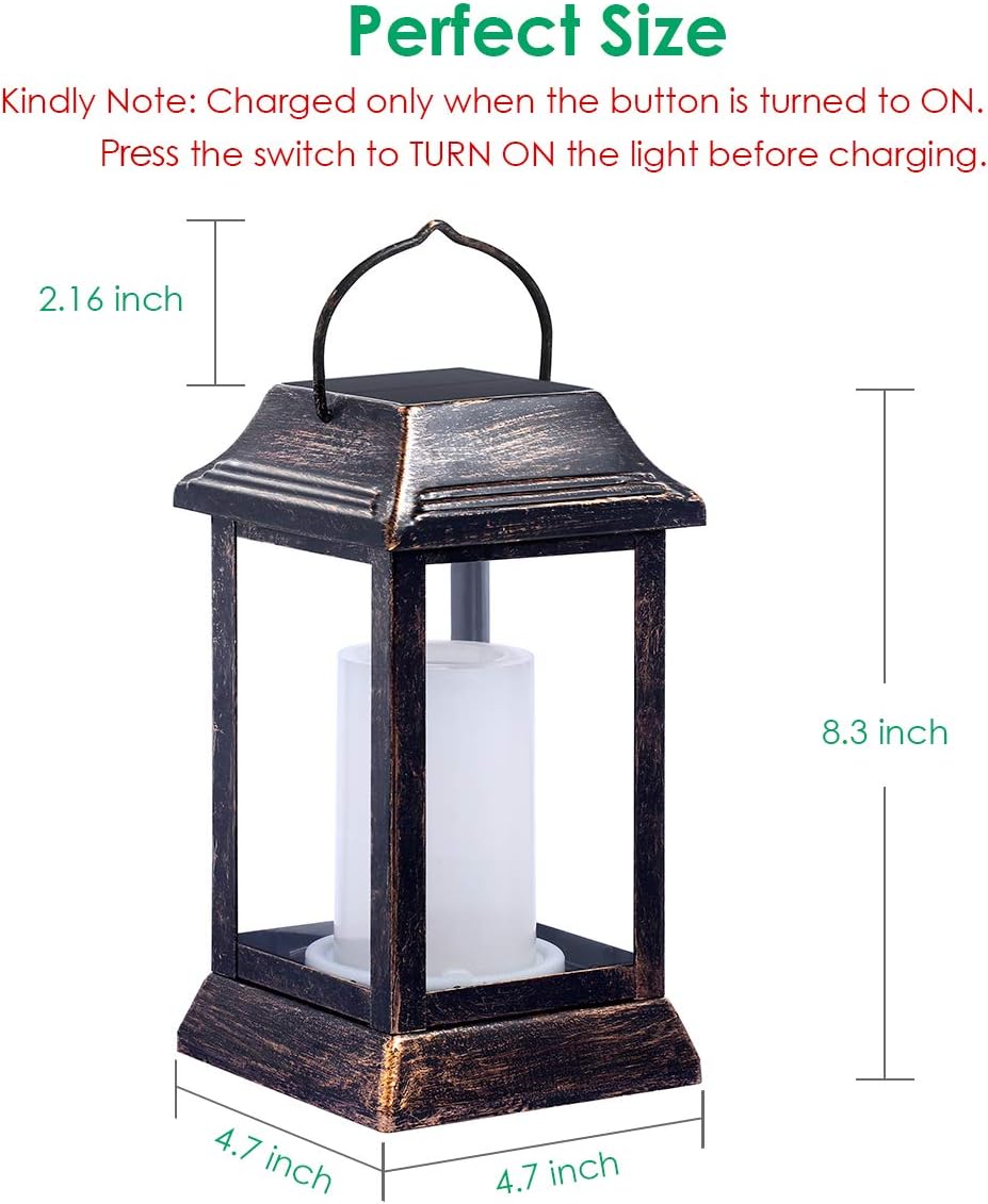 TomCare Solar Lights Metal Flickering Flame Solar Lantern Outdoor Hanging Lanterns Lighting Heavy Duty Solar Powered Waterproof LED Flame Lights for Patio Garden Christmas Decorations, 2 Pack (Bronze)
