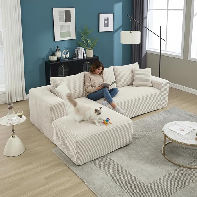 PELUMY 108.7" L-Shaped Modular Sectional Sofa with Oversized Chaise, Cloud Couch with Memory Foam, No Assembly Required Sleeper Sofa for Small Space Living Room, Apartment (Beige, Corduroy)