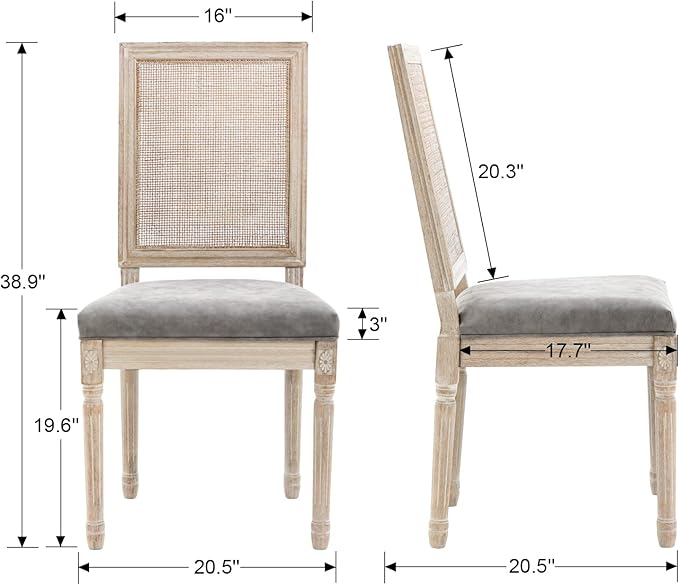 PU Leather Dining Chairs Mid Century Kitchen Chairs Set of 4 Upholstered Parsons Chairs Accent Side Chair with Rattan Back for Living Room Dining Room Bedroom, Grey