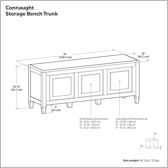 SIMPLIHOME Connaught Storage Bench - 51 inch Wide Solid Wood Trunk Bench in Antique White, Traditional Bench for Entryway with Lift-Up Lid and 3 Hidden Compartments