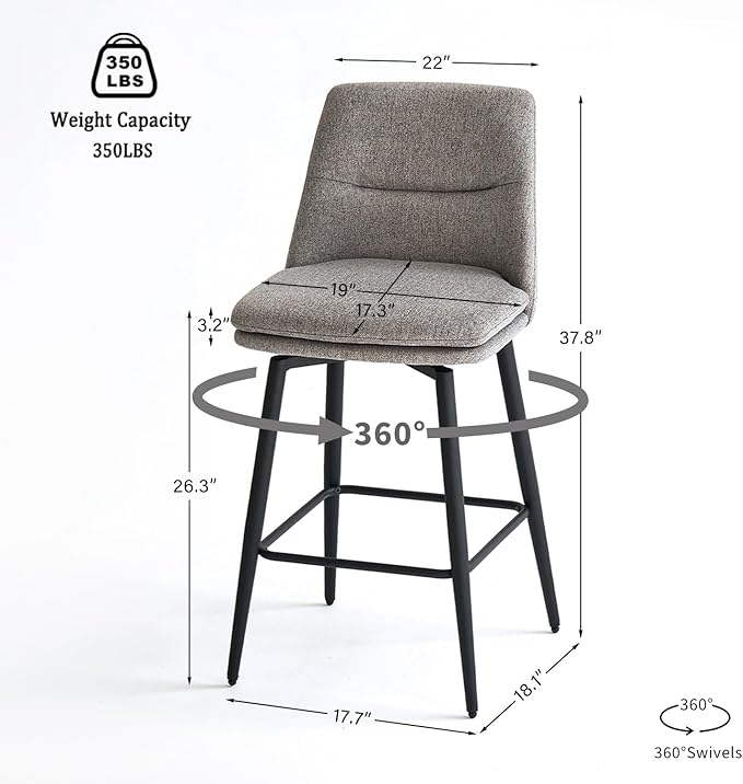 Grey Counter Height Bar Stools Set of 2, 26 Inch Seat Height with Back and Metal Legs, 360° Swivel Upholstered Fabric Swivel Bar Stools