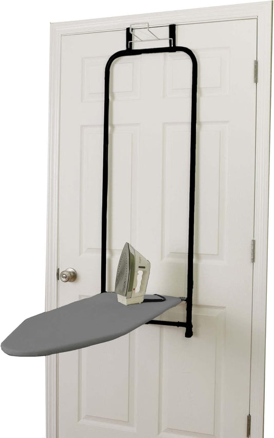 Household Essentials Over-The-Door Ironing Board with Iron Holder | Compact, Self-Closing Design with Cotton Cover and Padding | Space-Saving Ironing Board for Dorms, Apartments, and Small Spaces