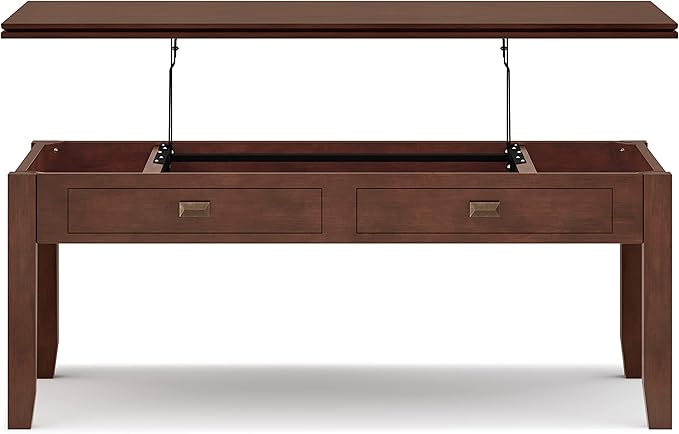 SIMPLIHOME Artisan Coffee Lift Top Table - 46 inch Wide Solid Wood Contemporary Cocktail Table in Russet Brown, Living Room with Hidden Storage Compartment, Open Shelf, and Square Knobs