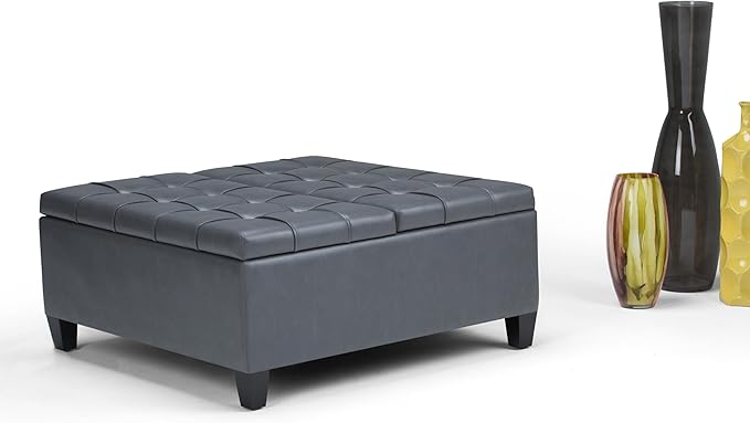 SIMPLIHOME Harrison 36 inch Wide Transitional Square Coffee Table Storage Ottoman in Stone Grey Vegan Faux Leather, Assembled, for the Living Room and Bedroom