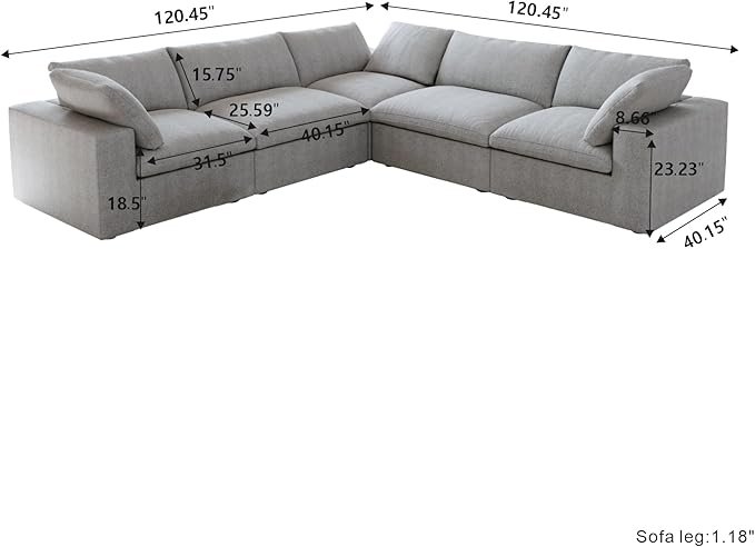 Cloud Couch Modular Sectional Sofa,160.6" Down Filled 5 Seater Convertible Sectional Sofas,V Shaped Couch for Living Room,Covers Washable&Replaceable-Gray