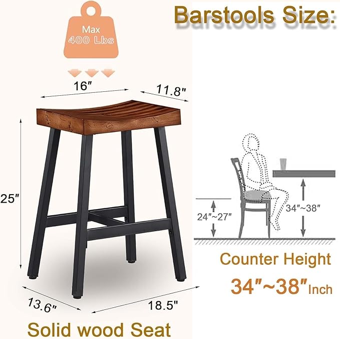 OUllUO Bar Stools Set of 3, Backless Saddle Barstools, 25" Counter Height Bar Stools, Solid Wood Counter Stools with Metal Frame, 521P-BBWD3