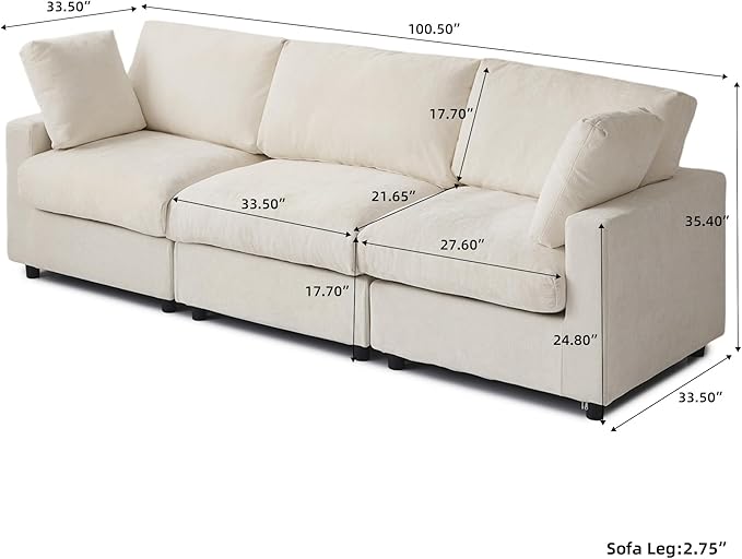 WJShome Modern Sectional Couches for Living Room,100 Inch 3-Seater Chenille Deep Seat Modular Sofa, Cloud Couch for Bedroom and Apartment，Beige