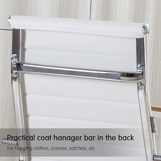 Home Office Chair Ribbed, Modern Leather Conference Room Chairs, Ergonomic Office Desk Chair, High Back Executive Computer Chair, Adjustable Swivel Chair with Arms (White)