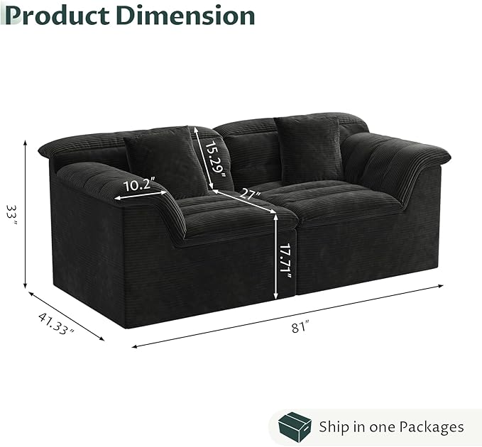 81" Sofa with Deep Seats Oversize, 2 Seater Cloud Couches, Upholstered Corduroy Loveseat for Living Room Bedroom, No Assembly Required, Black
