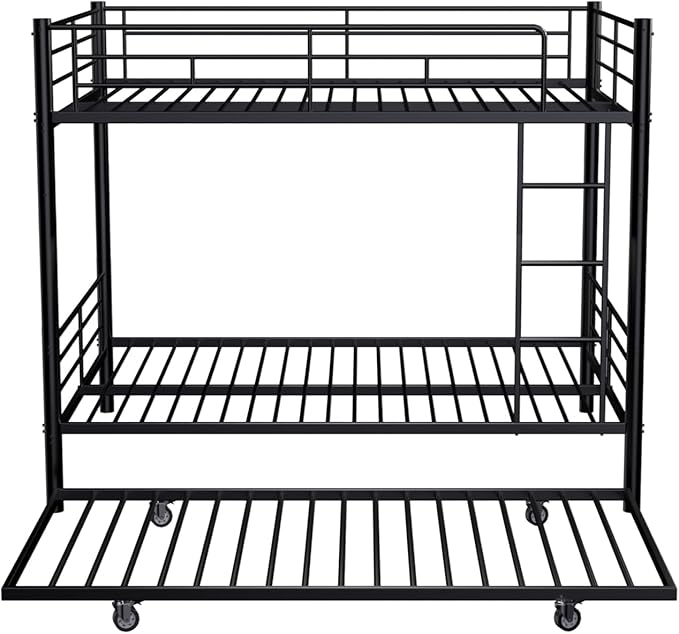 Full Over Full Bunk Bed with Trundle, Heavy Duty Metal Bed Frame with Full-Length Guardrails & Ladder, 3-in-1 Convertible Full Bunk Bed, Noise-Free, No Box Spring Needed, Black