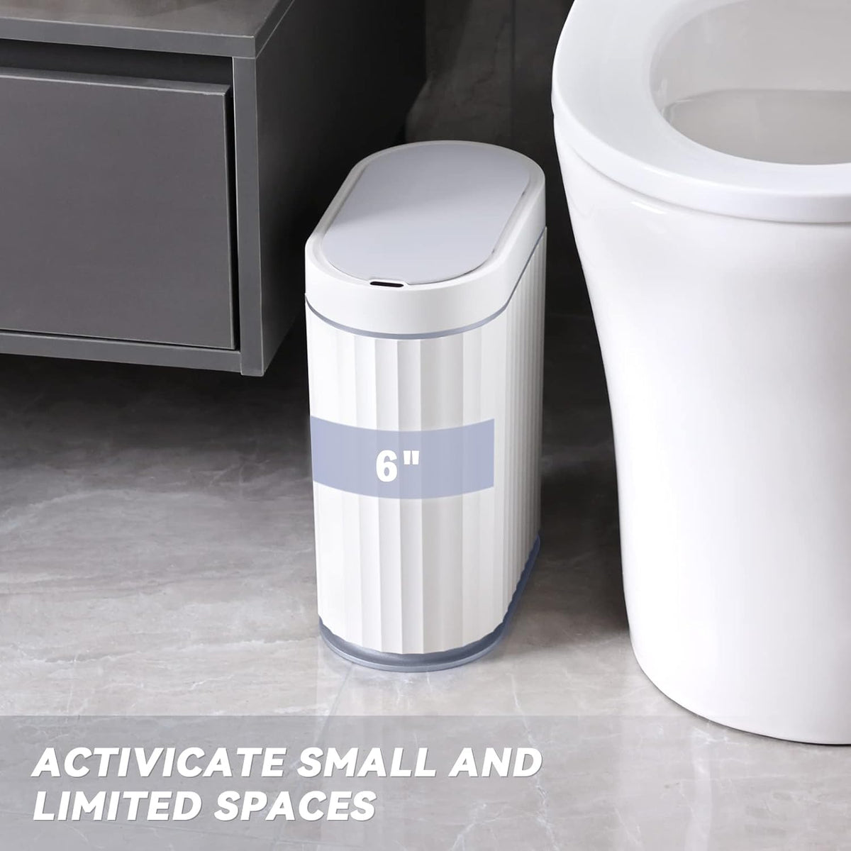 ELPHECO Bathroom Motion Sensor Trash can 2 Gallon Automatic Garbage Can, Slim Plastic Smart Trash Can with Lid, Commercial Intelligent Trash Bin for Bedroom, Bathroom, Office, White with Grey Trim