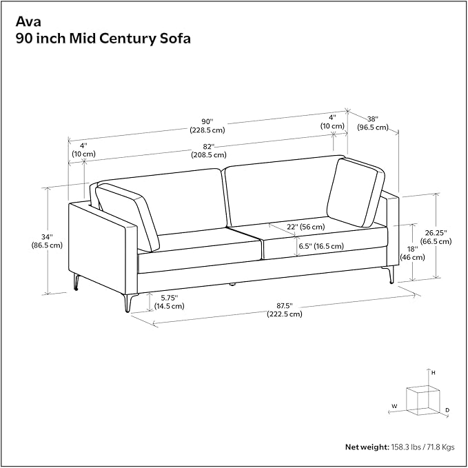 SIMPLIHOME Ava Sofa in 100% Recycled Polyester Tightly Woven Performance Fabric, Pebble Grey, 90-inches Wide, Handcrafted Mid-Century Modern Style Sofa for Living Room or Couch for Family Room