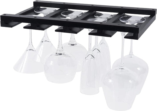Rustic State Eze 4 Sectional Wood Under Cabinet Wine Glass Holder Wine Glass Rack Hanging Shelf Stemware Bar Organizer - 12 Wine Glass Storage - 10 Inch Deep - Black