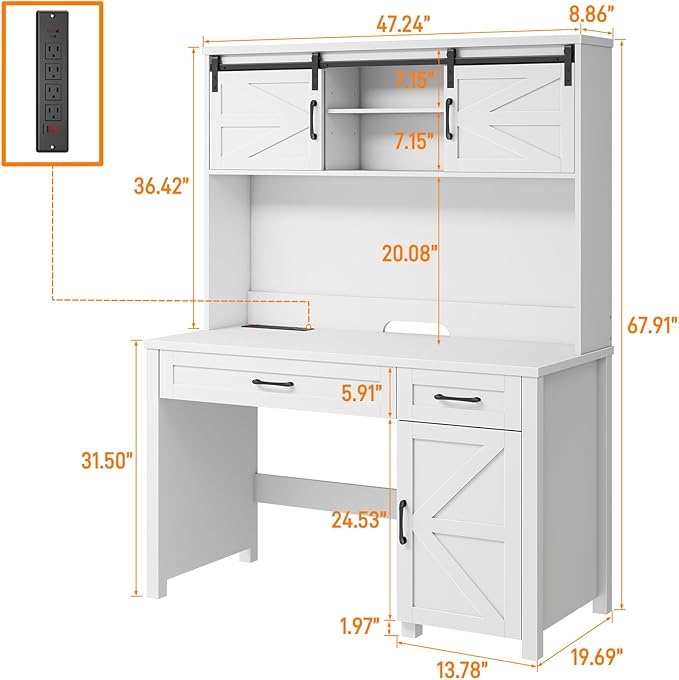 Farmhouse 47" Executive Computer Desk with 2 Drawers and Storage Cabinet, Home Office Desk with Hutch and Charging Station, Workspace for Work and Study (Cream White).