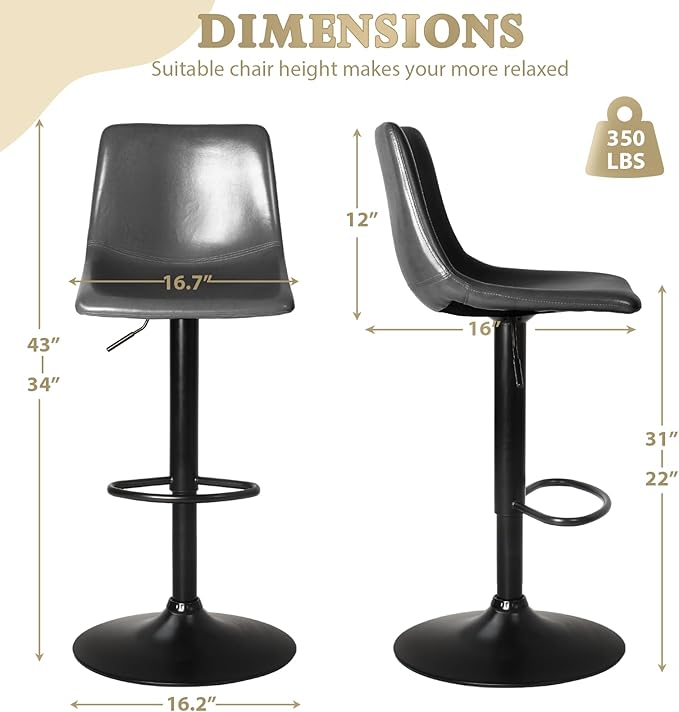 LEMBERI Bar Stools Set of 2, Modern Adjustable Swivel Barstools Counter Height with Backrest, Faux Leather Upholstered Bar Chairs for Kitchen Island, Grey