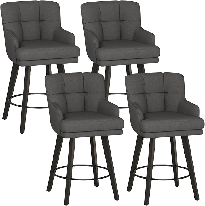 360°Swivel Counter Height Bar Stools with Back, 26 inch Solid Wood Legs, Bar Stool Modern Kitchen Island Chairs, Fabric (Black Grey- Fabric, 26" H- Set of 4)