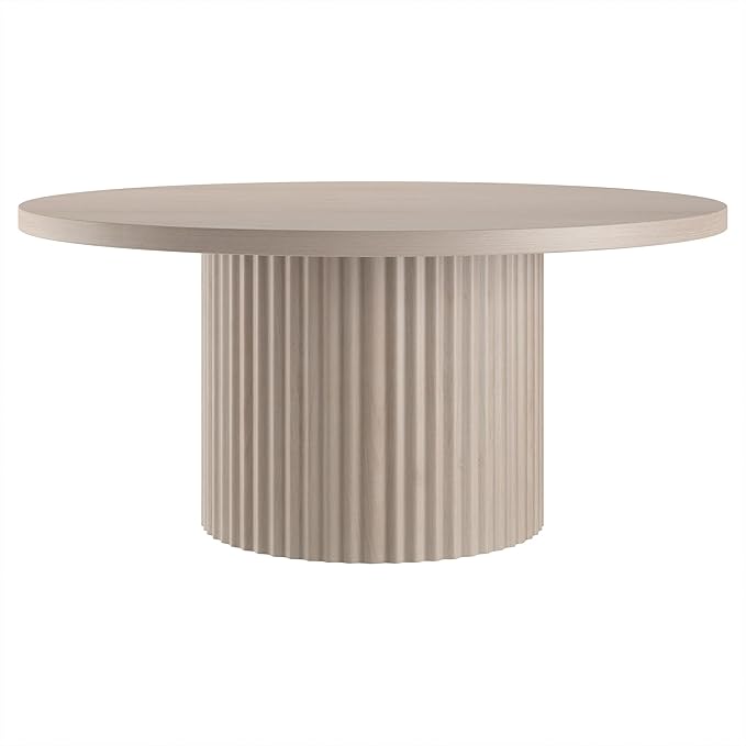 Henn&Hart 32" Fluted Round Wood Pedestal Low-Profile Coffee Table for Living Room, Family Room, Office, or Apartment, Alder White