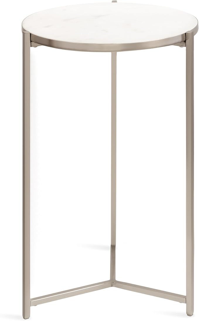 Kate and Laurel Aguilar Modern Round Side Table, 15 x 15 x 24, White and Silver, Genuine Marble Nightstand for Small Spaces and Living Room Décor