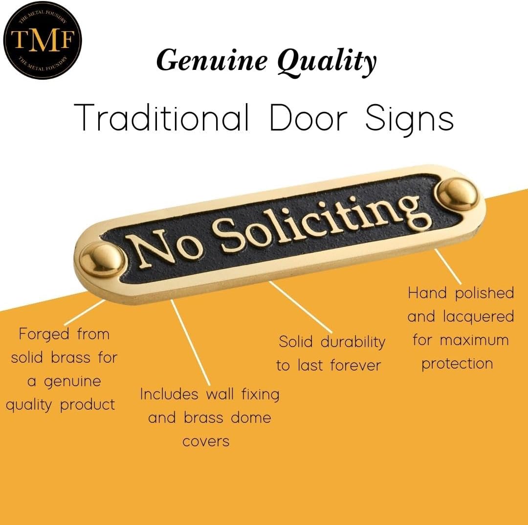 No Soliciting Brass Door Sign. Traditional Style Home Décor Wall Plaque Handmade By The Metal Foundry UK.