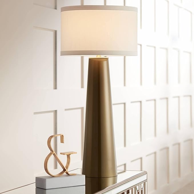 Possini Euro Design Karen 36" Tall Large Mid Century Modern End Table Lamps Set of 2 Dark Gold Glass Living Room Bedroom Bedside Nightstand House Office Home Reading Kitchen Fabric Off-White Shade