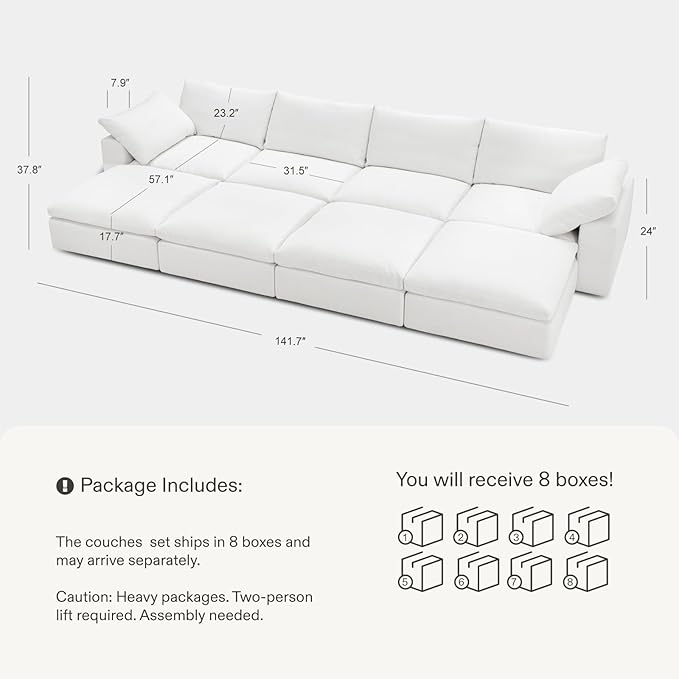 Modular Sectional Sofa, 141.7" U Shaped Modern Sofa Modular Sectional Cloud Couch with Ottoman, Modern Cloud Sectional Couches for Living Room, Deep Seat Sofa with Washable Cover