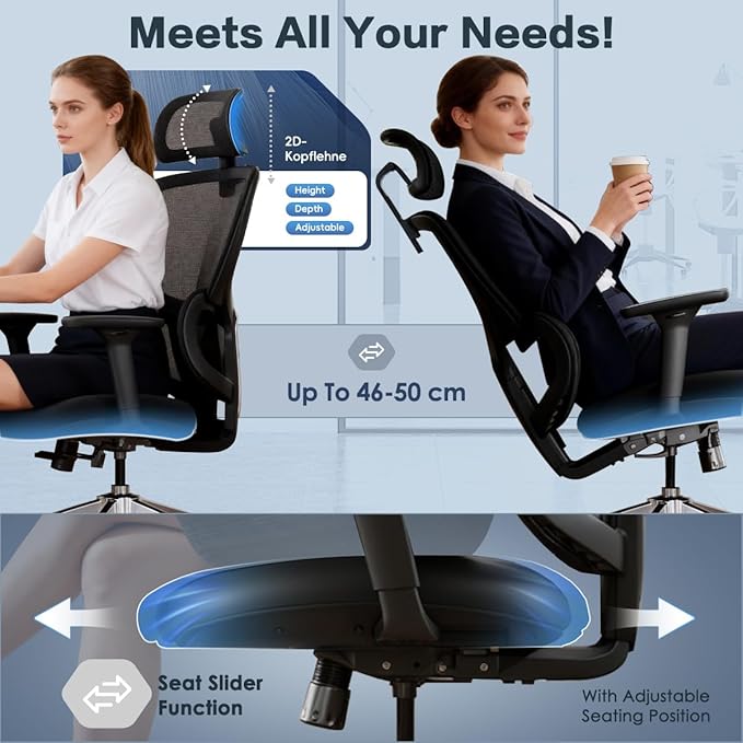 Ergonomic Office Chair, High Back Desk Chair with 4D Armrests, 135° Reclining Swivel Chair with 3-Level Tilt Lock, 2D Headrest & Sliding Seat, Dual Back Support, Adjustable Lumbar, Heavy Duty 1600 lbs