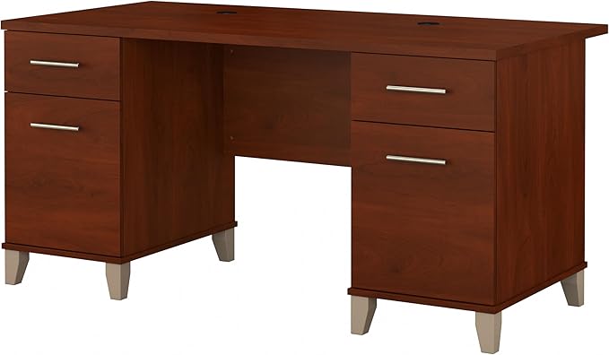 Bush Furniture 60-inch Home Office Desk with Drawers, Large Computer Table with Storage, Transitional Style, Somerset Collection, Hansen Cherry
