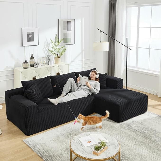 PELUMY 108.7" L-Shaped Modular Sectional Sofa with Oversized Chaise, Cloud Couch with Memory Foam, No Assembly Required Sleeper Sofa for Small Space Living Room, Apartment (Black, Corduroy)