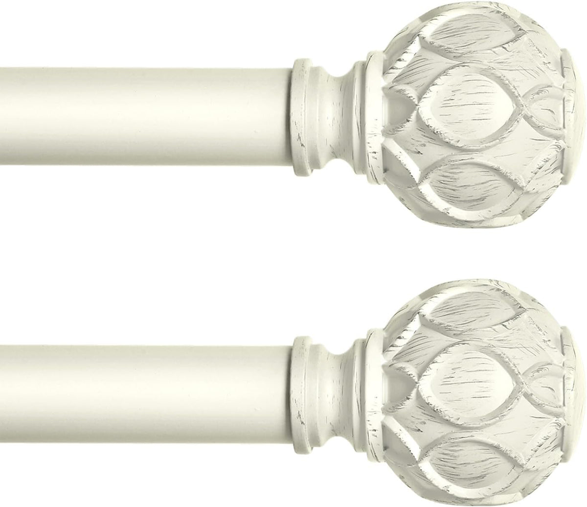White Farmhouse Curtain Rods for Windows:Heavy Duty Adjustable Curtain Rod for Bedroom Living Room,Boho Decorative Rustic Drapery Rods with Vintage Coastal Finials,Antique White 2 Pack 18-45"