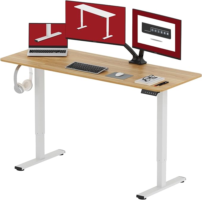 SANODESK Electric Standing Desk 63x24 Inch Height Adjustable Stand Up Desk Home Office Computer Workstation Sit Stand Home Office Desk with Splice Board (White Frame + Maple Top)