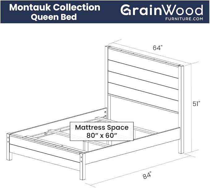 Grain Wood Furniture Montauk Solid Wood Bed, Queen Size, Farmhouse Black