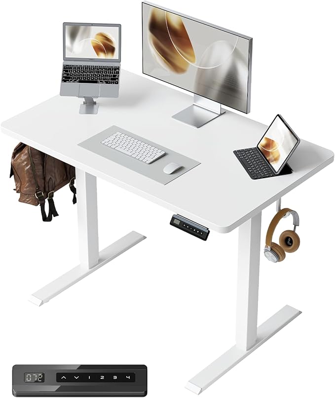 FEZIBO One-Piece Standing Desk Adjustable Height Stand up Home Office Desk, 40x24 Inch Electric Standing Computer Desk, with 4 Memory Presets, Headphone Hook, White