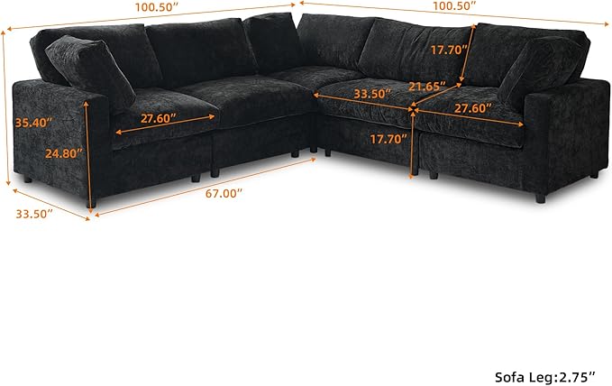 WJShome V Shaped Sectional Couch 100 Inch 5-Seater Modern Modular Sofa,Chenille Deep Seat Couches for Living Room, Bedroom and Apartment，Black