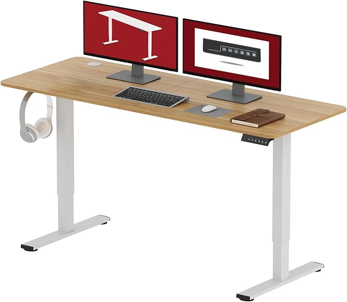 SANODESK Electric Standing Desk 55x24 Inch Height Adjustable Stand Up Desk Home Office Computer Workstation Sit Stand Home Office Desk with Splice Board (White Frame + Maple Top)