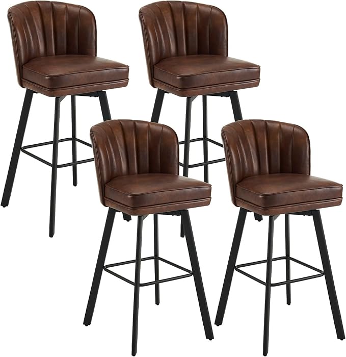 Swivel Counter Height Bar Stools Set of 4, 30'' Modern Barstools with Backs and Metal Legs, Upholstered Bar Chairs, Faux Leather Brown Stools for Kitchen Island Chairs