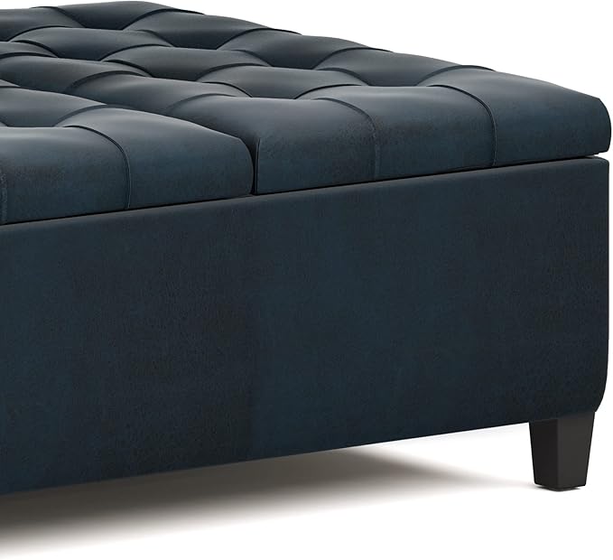 SIMPLIHOME Harrison 36 inch Wide Traditional Square Coffee Table Storage Ottoman in Distressed Dark Blue Vegan Faux Leather, Assembled, For the Living Room and Bedroom