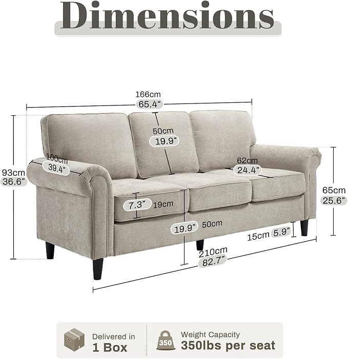 Kingfun 3 Seater Couch, Mid Century Modern Sofa with Rolled Arms and Deep Seats, Fluffy Comfort for Living Room, Apartment, Easy Assembly, Khaki