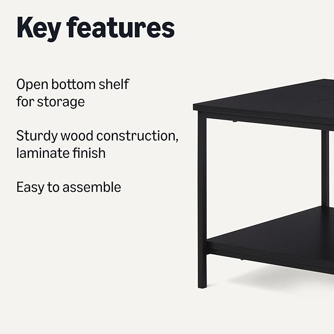 Amazon Basics Rectangular Coffee Table with Bottom Shelf, Living Room Centre Table, Wooden Black, 19.9" D x 31.5" W x 16.5" H