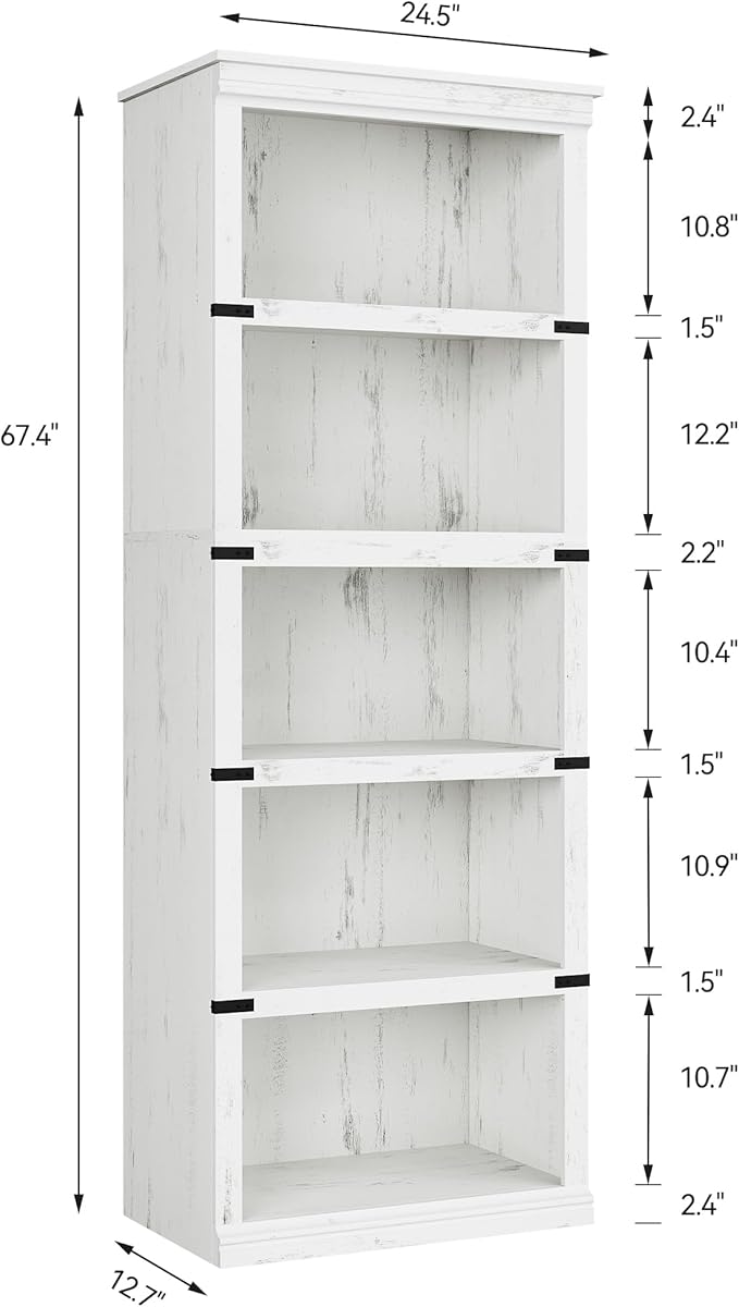 IDEALHOUSE 5 Tier Bookcase, Farmhouse Book Shelf with Storage, Tall Book Case Wooden 5 Shelf Bookcase for Home Office, Living Room, Bed Room (White, 67.4" H x 24.6" W x 12.8" D)