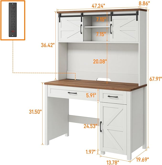 Farmhouse 47" Executive Computer Desk with 2 Drawers and Storage Cabinet, Home Office Desk with Hutch and Charging Station, Workspace for Work and Study (White&Brown).
