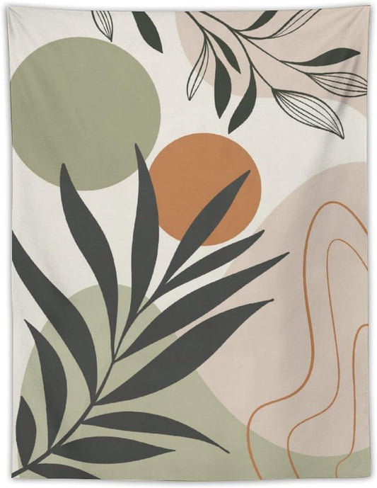 Abstract Bohemian Mid Century Tapestry, Tropical Leaves Modern Geometric Archway Minimalist Bohemian Botanical Aesthetic Wall Hanging, Sage Green Gold Home Decor Art for Bedroom 50x60 Inch