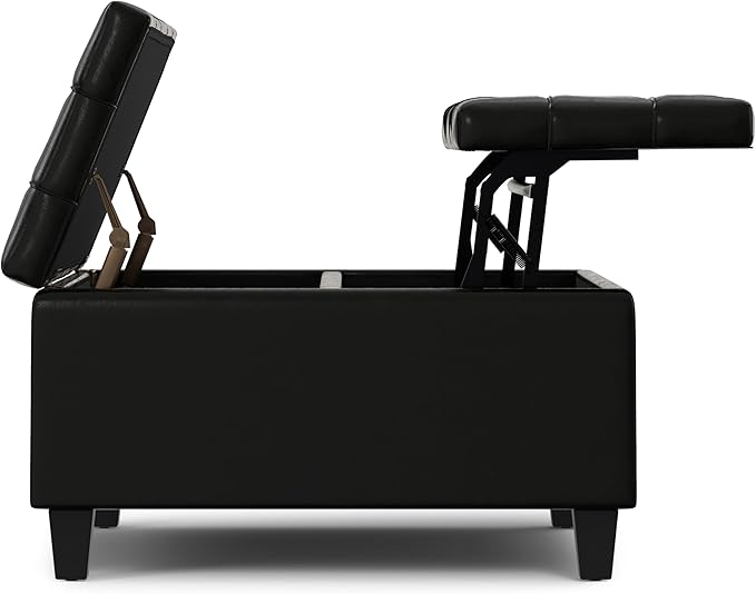 SIMPLIHOME Harrison 30 inch Wide Transitional Square Small Coffee Table Storage Ottoman in Midnight Black Vegan Faux Leather, Assembled, for The Living Room and Bedroom