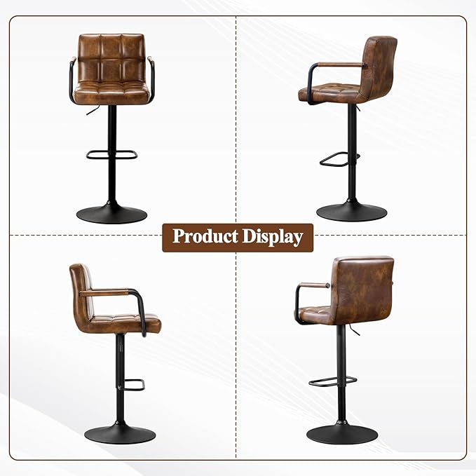 Furniliving Bar Stools Set of 2 with Back, Modern Square PU Leather Kitchen Stools with Armrest, Adjustable Counter Height Barstools for Kitchen Bar Pub Cafe (Yellowbrown)
