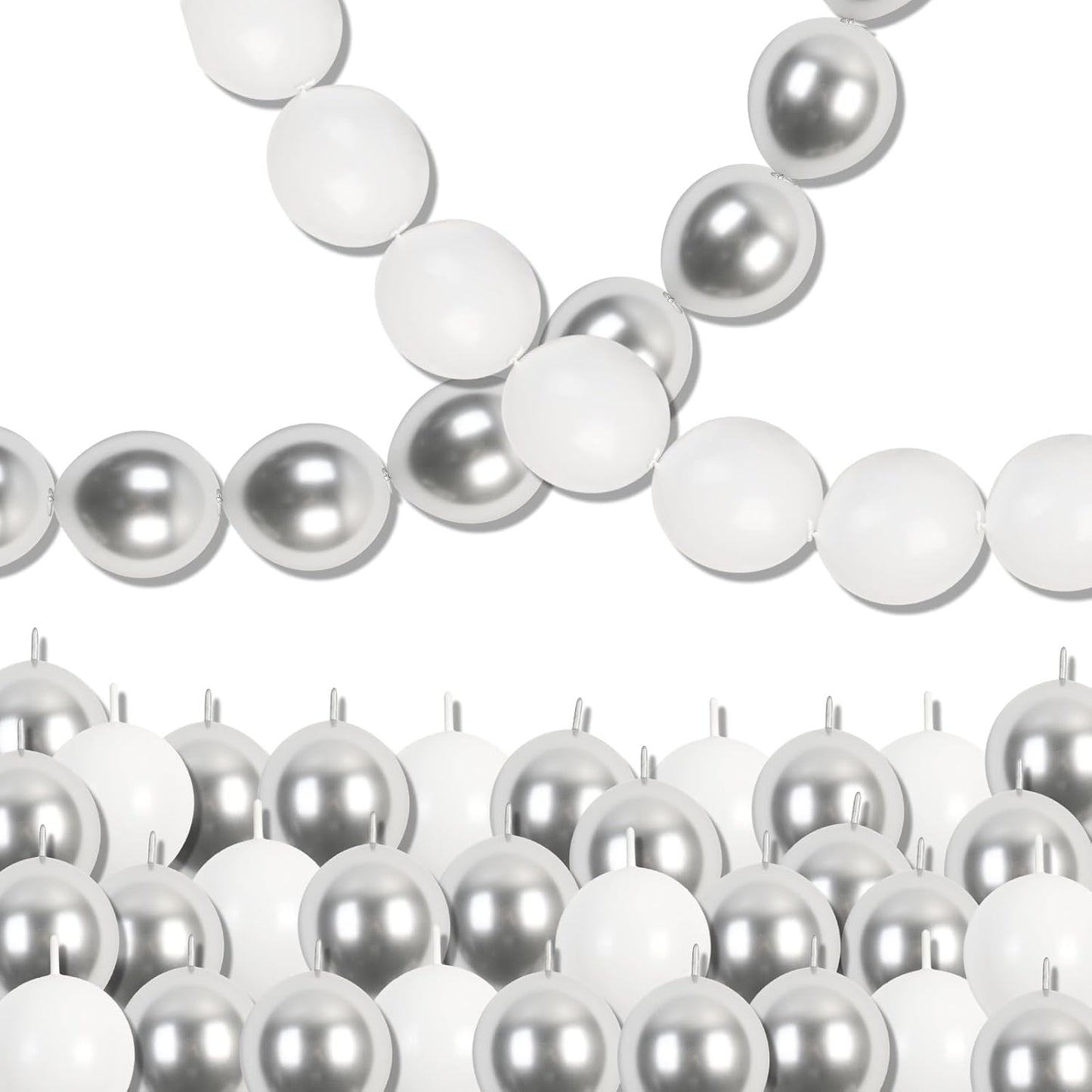 White and Silver Linking Balloons, 100PCS 6 Inch Small Metal Silver Quick Link Balloons for Making Balloon Wall Heart Arch Tails Balloon for Wedding Birthday Baby Shower Graduation Party Decorations