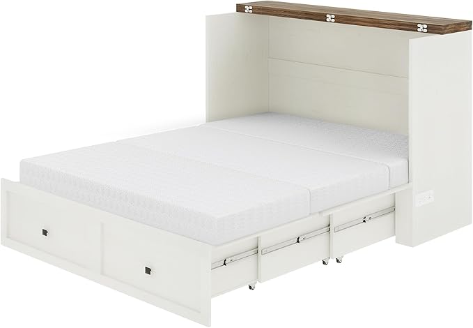 Full Murphy Bed with 6" Tri-Fold Memory Foam Mattress, Storage Drawer & Charging Station, Space-Saving Design for Home Office or Guest Room, White