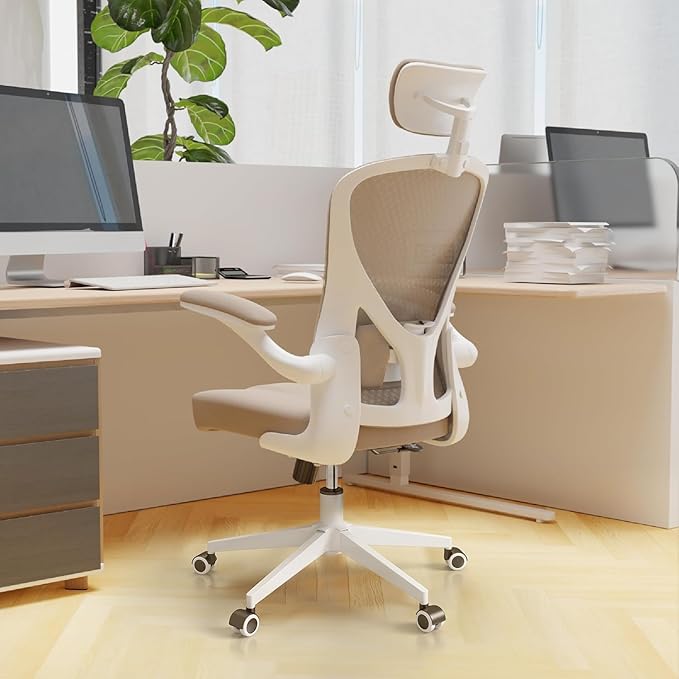 Ergonomic Office Chair with Adjustable Flip-Up Armrests & Lumbar Support - Thickened Cushion Desk Chair with Wheels, Comfy Home Office Computer Chair