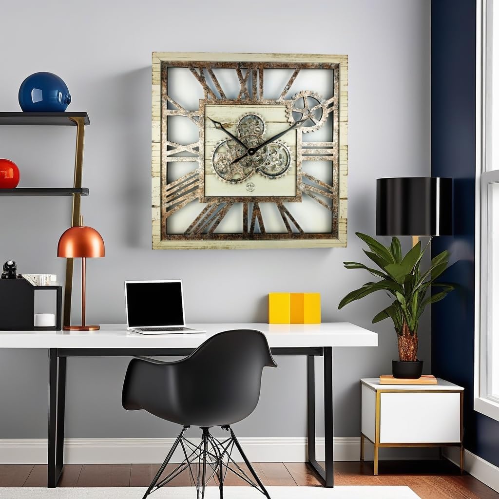 The Gears Clock 24'' Inch Square Real Moving Gear Wall Clock Vintage Industrial Oversized Rustic Farmhouse (Desert Beige)